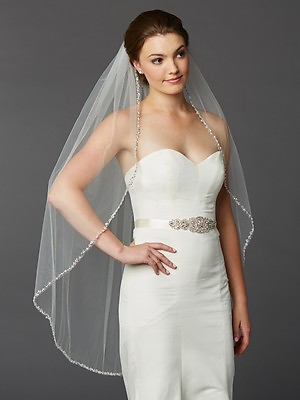 #ad Ivory Crystal Pearl Sequin Beaded Edge Long Fingertip Bridal Wedding Veil $149.95