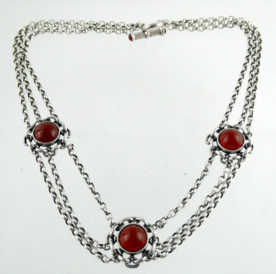 #ad Sterling Silver Triple Chain Red Onyx Cabochon Bib Necklace Toggle Clasp 925 40g $67.50