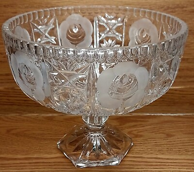 #ad Vintage Cut Crystal Glass Compote Frosted Rose Footed Centerpiece Bowl $125.00
