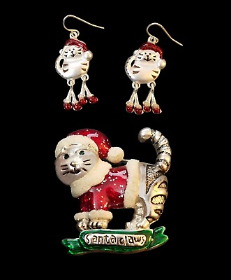 #ad Christmas Jewelry Set Silver Tone Enamel Dangle Earrings and Pin Cat SANTA CLAWS $15.00