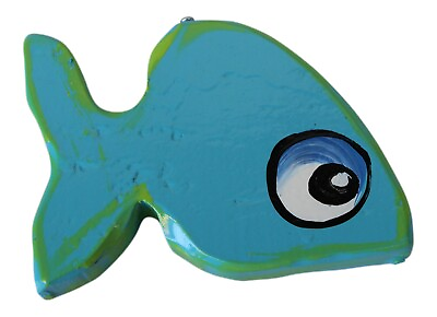 #ad Blue Fish Hanging Decor Hand Painted Wood 6.5 Inches $25.88