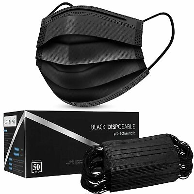 #ad 50 PCS Black Face Mask Mouth amp; Nose Protector Respirator Disposable Masks Black $7.95