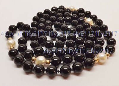 #ad Fashion 8mm Black Onyx Round Gemstone White Cultured Pearl Necklaces 18 48#x27;#x27; AA $3.59