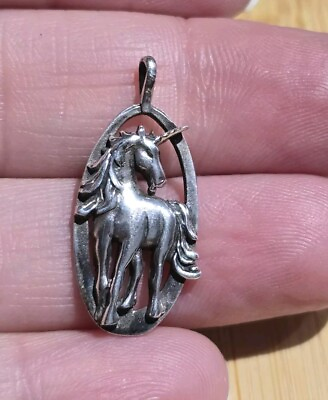 #ad 925 Sterling Silver Unicorn Pendant in Oval Frame Mythical Charm Jewelry $26.00