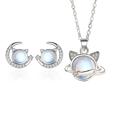 #ad 925 sterling silver necklace earrings cute cat moonstone moon women jewelry set $3.99