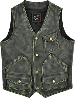 #ad Men#x27;s Vintage GREEN Waxed Leather Vest Real Cow Leather Hunter Waistcoat 2 Tone $104.00