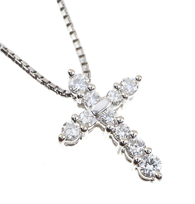 #ad Tasaki 14K White Gold 0.14Ct Diamond Mini Cross Pendant 17quot; Box Chain Necklace $290.00