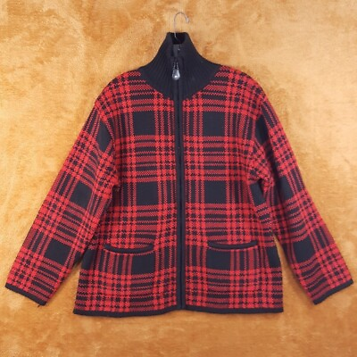 #ad TALLY HO Womens Sweater Medium Red Plaid Zip Up Turtleneck Pockets Coatigan $18.66