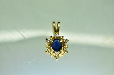 #ad 14K Yellow Gold Oval Blue Sapphire Solitaire Pendant Charm w Diamonds small $144.65