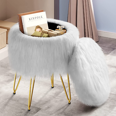 #ad Vanity Stool Chair with Storage 15.75″ W X 19.29″ H round Faux Fur Ottoman $45.99
