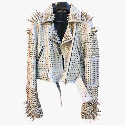#ad Women White Color Brando Metal Spiked Leather Round Studs Jacket XPLD90 $349.83