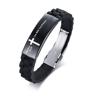 #ad Personalized Inspirational Silicone Men#x27;s Bracelet Cuff Cross Bible Prayer Gift $9.99