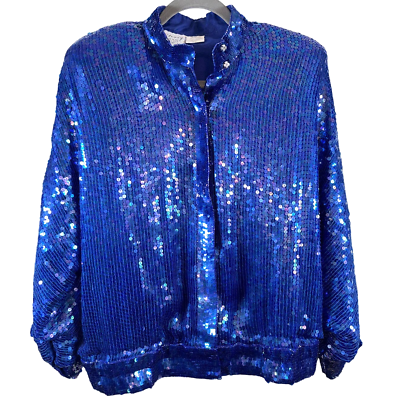 #ad 80#x27;s Vintage Stenay Sequin Silk Jacket Blazer Women SZ L Cobalt Blue Long Sleeve $60.00