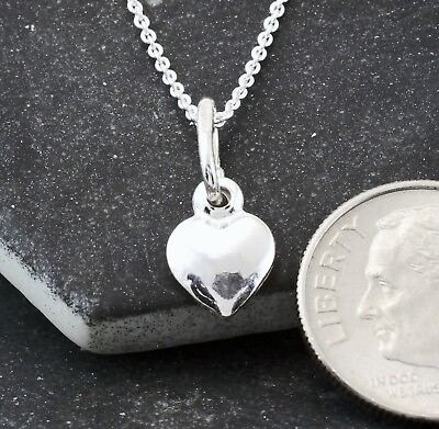 #ad Silver Heart Charm Necklace 925 Sterling Tiny Heart Charm Pendant w Cable Chain $18.79