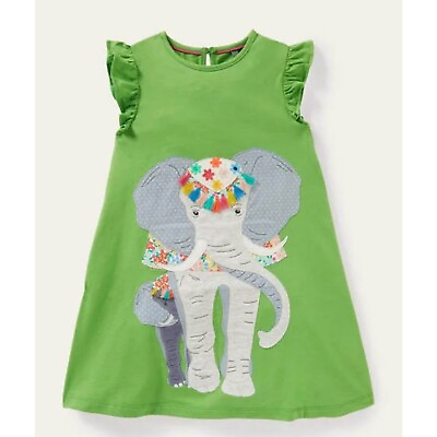 #ad Mini Boden Frill Sleeve Appliqué Dress Greenfinch Elephant Zoo Dress 3T Green $34.99