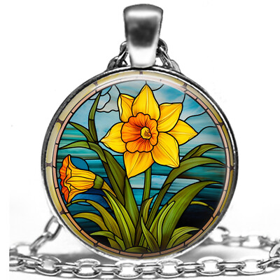 #ad Daffodil March Birth Month Flower Birthday Gift Necklace Faux Stained Glass $13.45