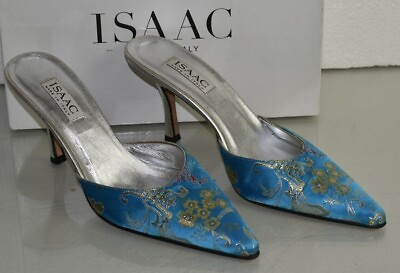 #ad NEW Isaac ROCKY Mules Slide Brocade Satin Aqua Gold Blue Silver Shoes 9.5 $99.99