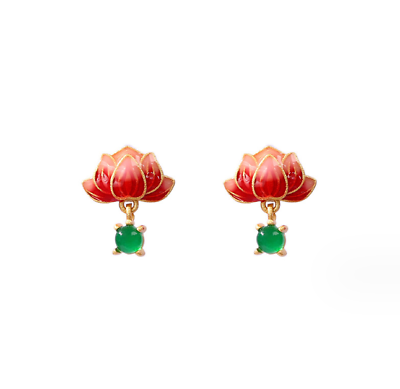#ad Jade Enamel Dangle Earrings Boho Lotus Flower Dainty Gemstone 18K Gold Plated $10.95