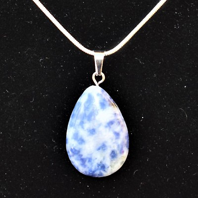 #ad Charged Natural Sodalite Teardrop Pendant 20quot; Stainless Steel Chain Charger $15.99