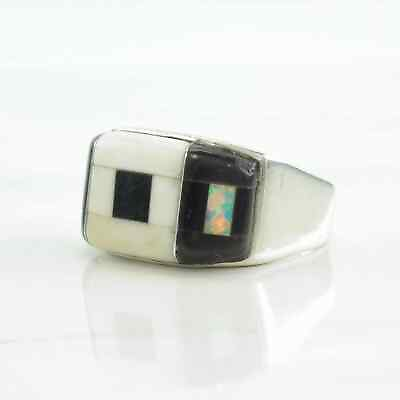 #ad Southwest Silver Ring Lab Opal White Stone Jet Inlay Sterling Size 6 3 4 $74.95
