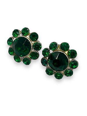 #ad Vtg Emerald Green Rhinestone Flower Earrings 1950s Screw backs Bling Festive $24.99