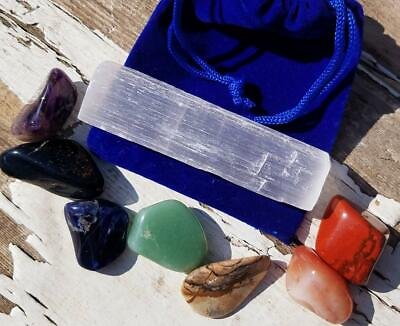 7pc Chakra Alignment Tumble Crystal Set Selenite Charging Stick Blue Velvet Bag $12.72