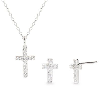#ad Sterling Silver Pave Cross CZ Stud Earring and Necklace Set $50.40