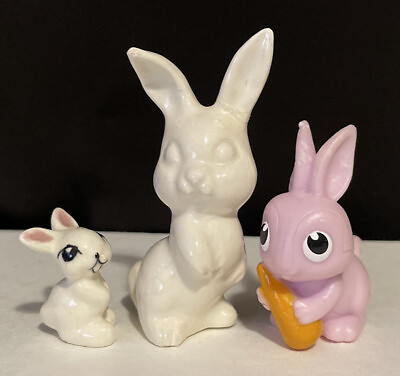 #ad Super Cute Vintage Rabbit Bunnies Set Of 3 Pink amp; White Figurines $15.00