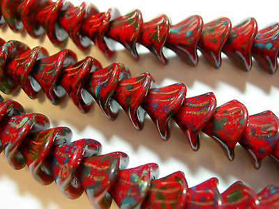 #ad 12 beads Red Travertine Czech Glass 3 petal Flower Beads 10mm $4.59