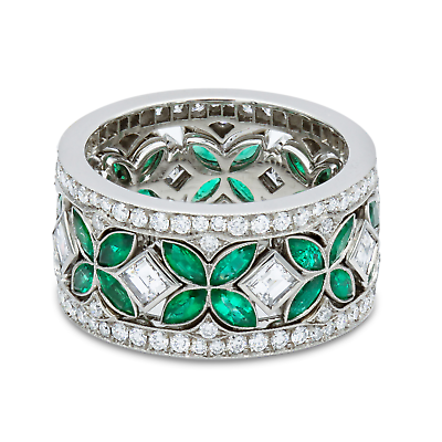 Rachel Koen Natural Green Emerald Diamond Eternity Set Of 3 Ring Platinum Size 6 $13750.00