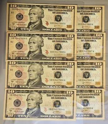 #ad 8 Consecutive Crisp Uncirculated $10 Ten Dollar Bills 2004 A Series CB130 $159.00