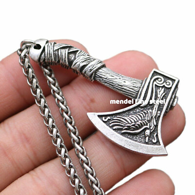 #ad MENDEL Mens Nordic Norse Viking Raven Axe Wolf Pendant Necklace For Men Chain $9.99