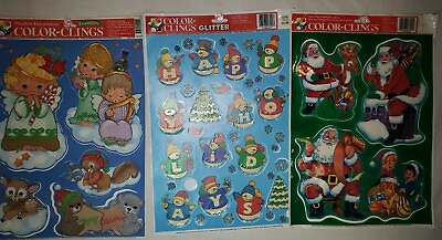 #ad 3 Vintage Christmas Holiday Static Window Cling Sheets Santa Angel Snowmen $18.00