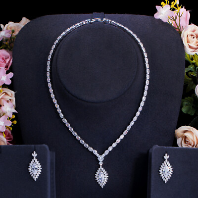 #ad Women Silver Plated Big Zircon Pendant Necklace Drop Earrings Bridal Jewelry Set $16.42
