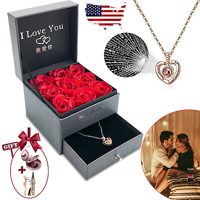 Preserved Red Real Rose with I Love You Necklace in 100 Languages Valentine Gift $21.99