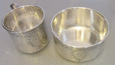 #ad antique Matthews HAND HAMMERED STERLING SILVER BABY CUP amp; BOWL child set 230g $265.00