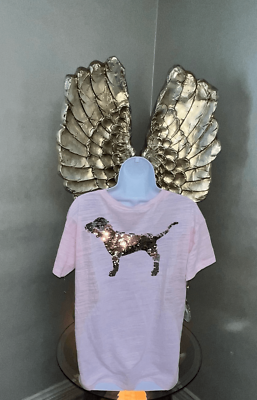 #ad PINK Victoria#x27;s Secret Sequin Dog Light Pink Tee Shirt size small sequins $30.00