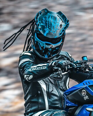 #ad Custom Predator Motorcycle Full Face Helmet Blue Spiked DOT Approved $319.00