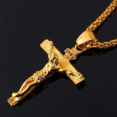 #ad Men Jesus Christ Crucifix Cross Pendant Necklace 14K Gold Filled Stainless Steel $10.00