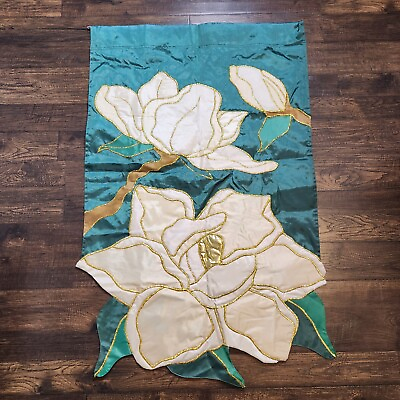 #ad Vtg Garden Outdoor Magnolia Flowers 2 Sided 28quot;x40quot; Green White Gold Porch Flag $10.00
