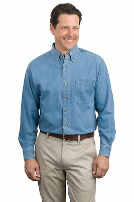 #ad Port Authority Mens Long Sleeve Button Down Denim Shirt With Pocket S600 $34.20