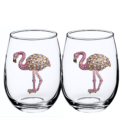 #ad #ad Stemless Wineglass Sparkling Pink Flamingo Decorated in Gold amp; Pink Bling Set 2 $36.00