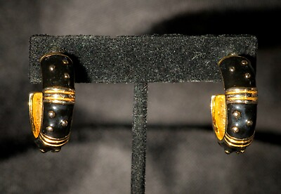 #ad Vintage Black Enamel Hoop Earrings With Gold Tone Accents $9.95