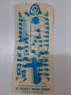 #ad Vintage St. Joseph#x27;s Indian School Luminous crucifix rosary on original card $10.75