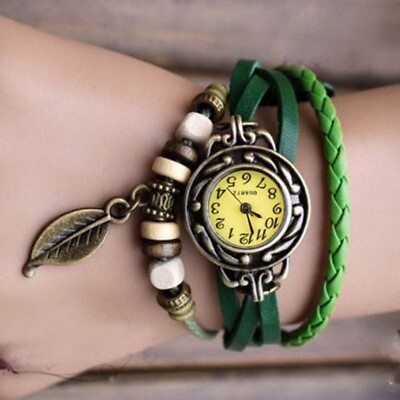 #ad Wrist Watch Band Womens Bracelet Weave Wrap Quartz Leather Leaf Beads Wrist $2.39