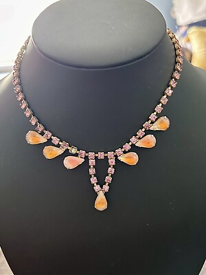 #ad Antique JELLYSTONE PINK Crystal Gold Tone Necklace STUNNING Rare Find $199.00