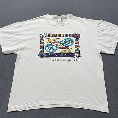 #ad Vintage Sea Pines Racquet Club Shirt Mens Large White Colorful Art 90s $18.99