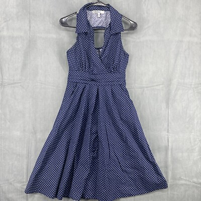 #ad Bailey Blue Dress Womens Small Navy Blue Polka Dot Sleeveless A Line V Neck $12.35