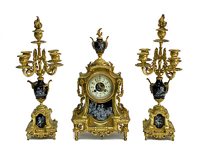#ad Continental 3 Piece Gilt Bronze Clock Garniture Late 19th Early 20th Century. $2486.25