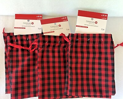 #ad #ad Celebrate It Set of 6 Fabric Gift Bags Christmas Red Black Buffalo Plaid 6 x 7quot; $10.99